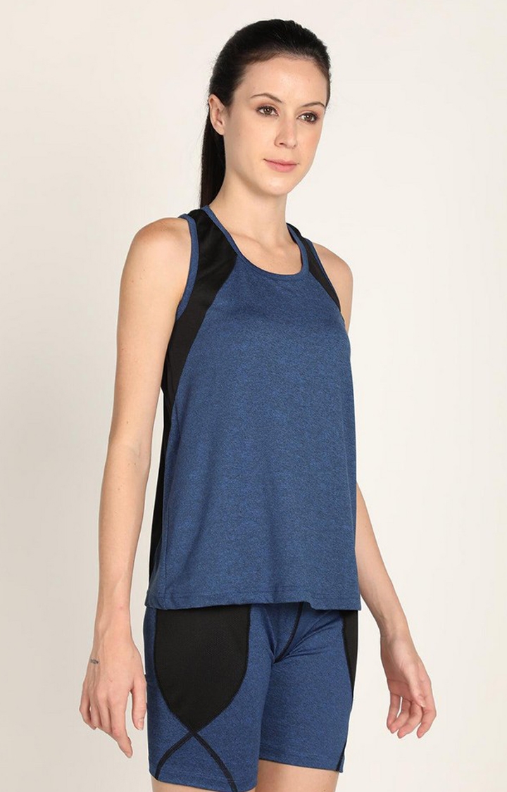 Women's Blue Melange Textured Polyester Tank Top