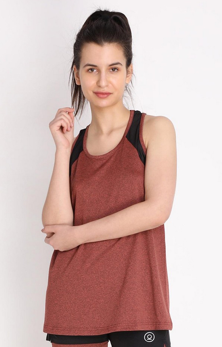 CHKOKKO | Women's Brown Melange Textured Polyester Tank Top