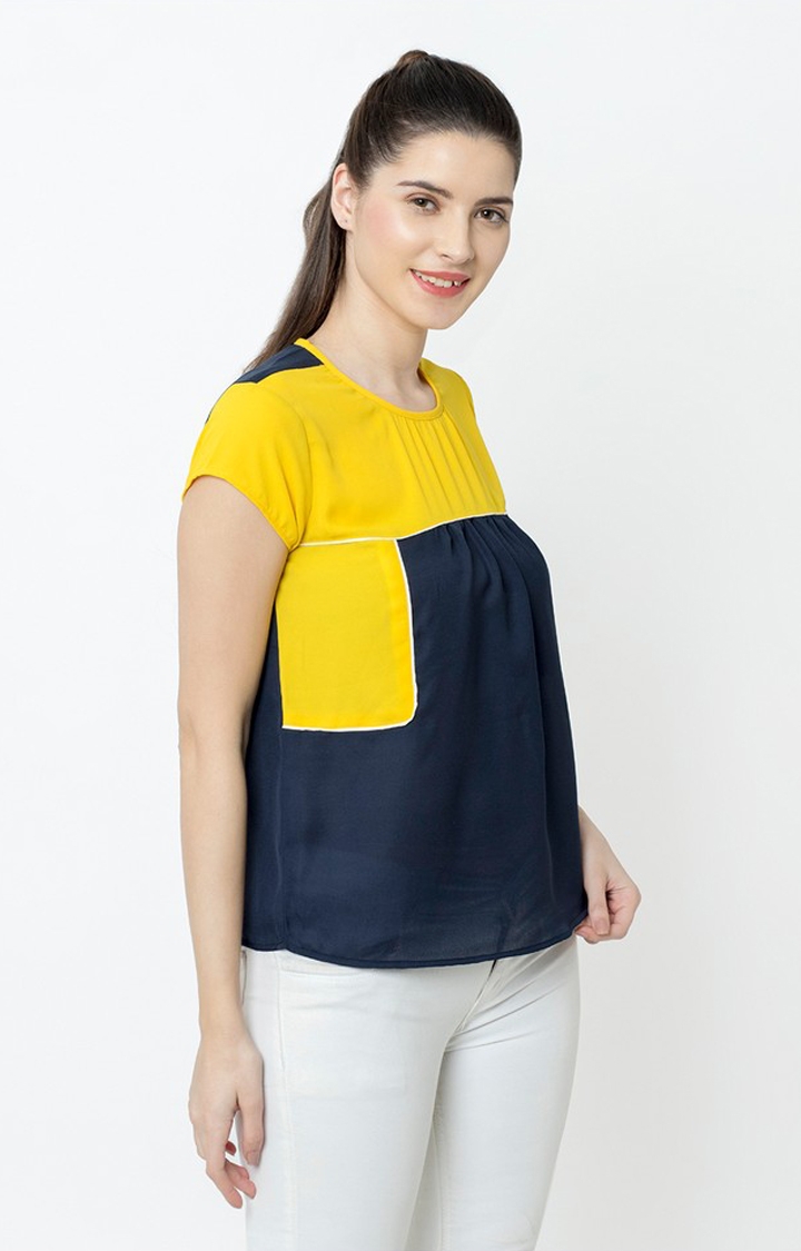 SQew | Sqew Women Polyester Yellow and Blue Solid Top 2
