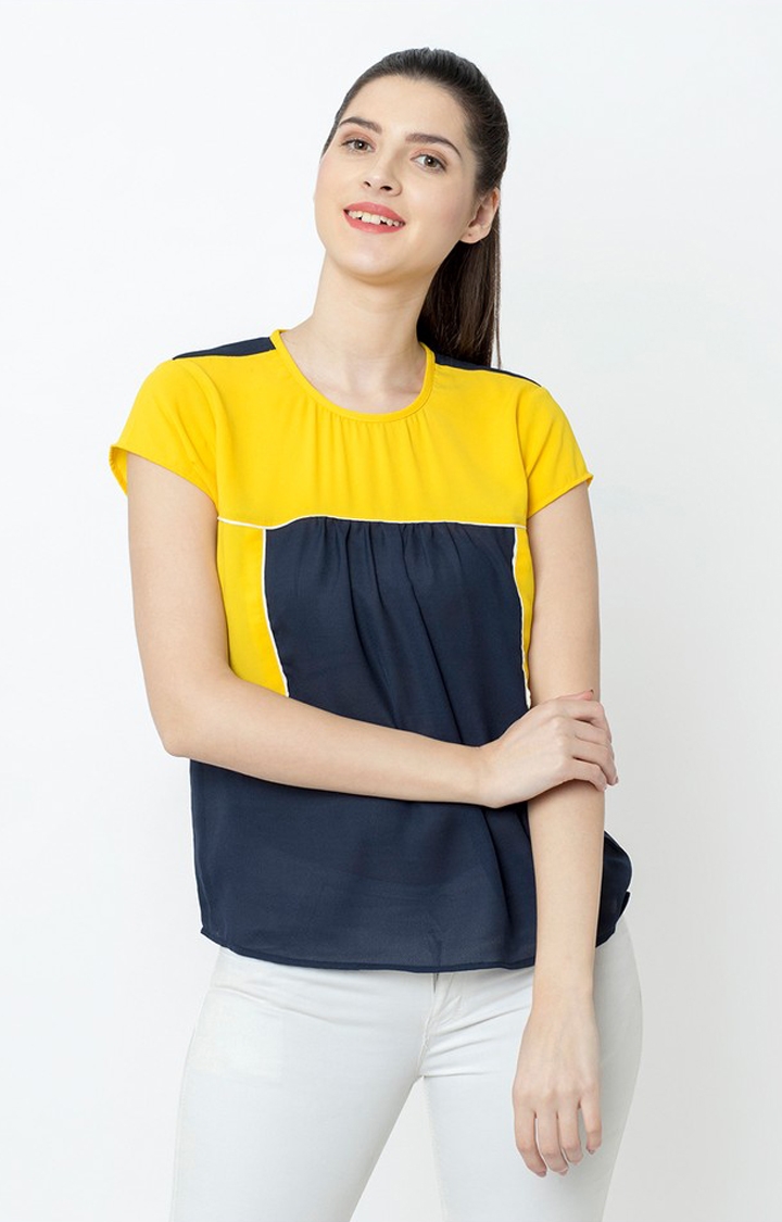 SQew | Sqew Women Polyester Yellow and Blue Solid Top 0