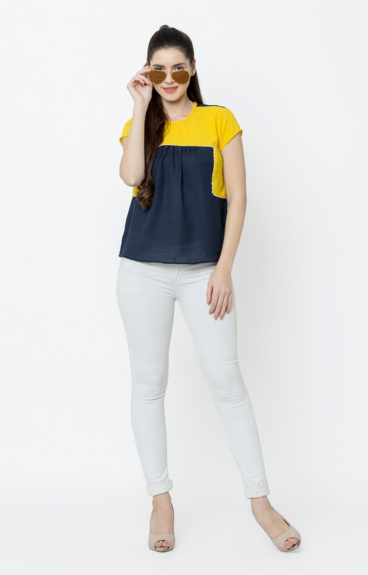 SQew | Sqew Women Polyester Yellow and Blue Solid Top 1