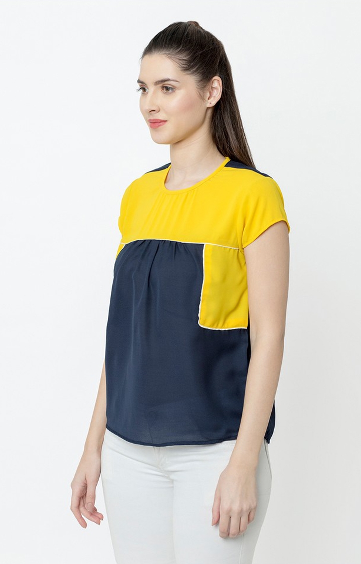 SQew | Sqew Women Polyester Yellow and Blue Solid Top 3