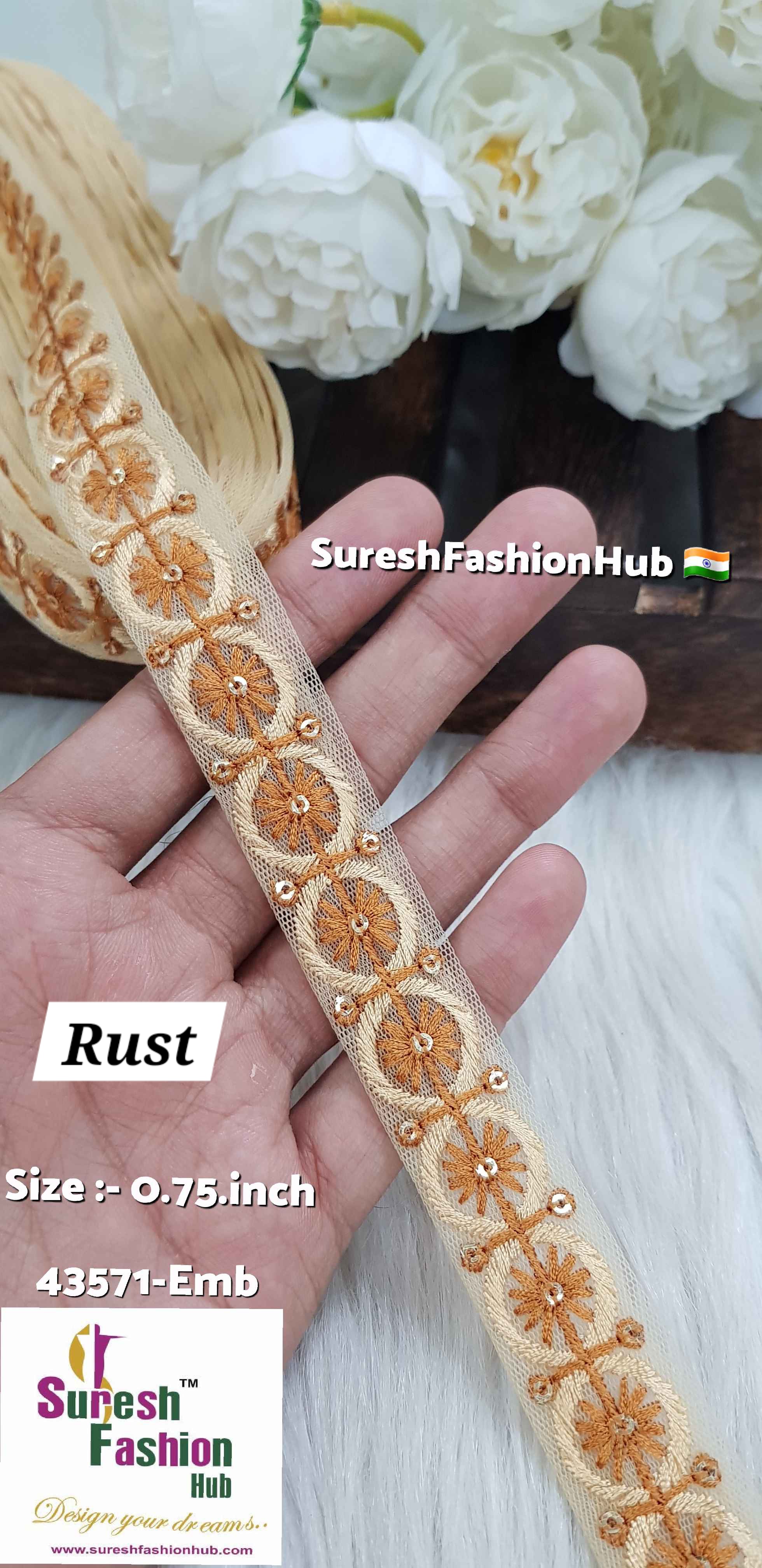 Rust Color Floral Circles Embroidery Lace