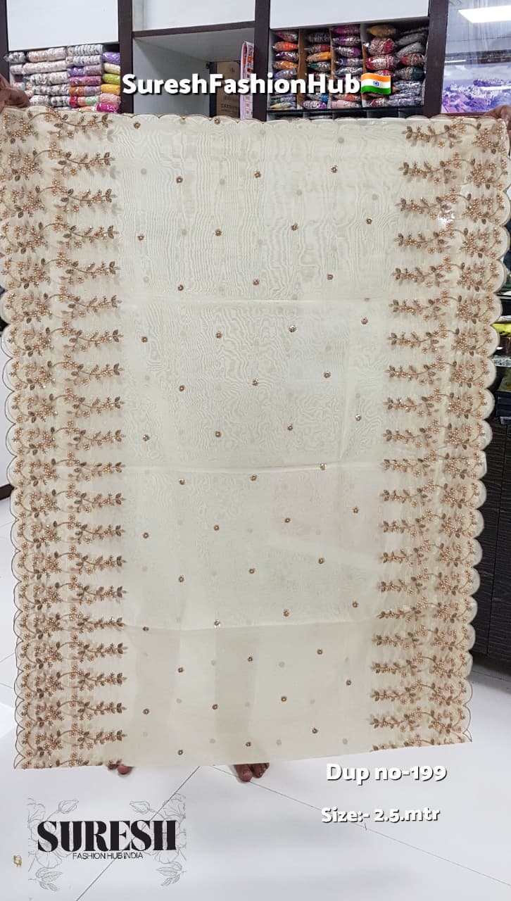 Cream Yellow Antique Zari Floral Organza Dupatta-199