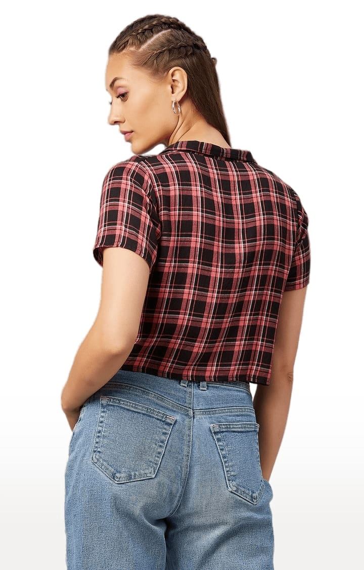 Women's Pink and Black Viscose Checked Crop Shirt