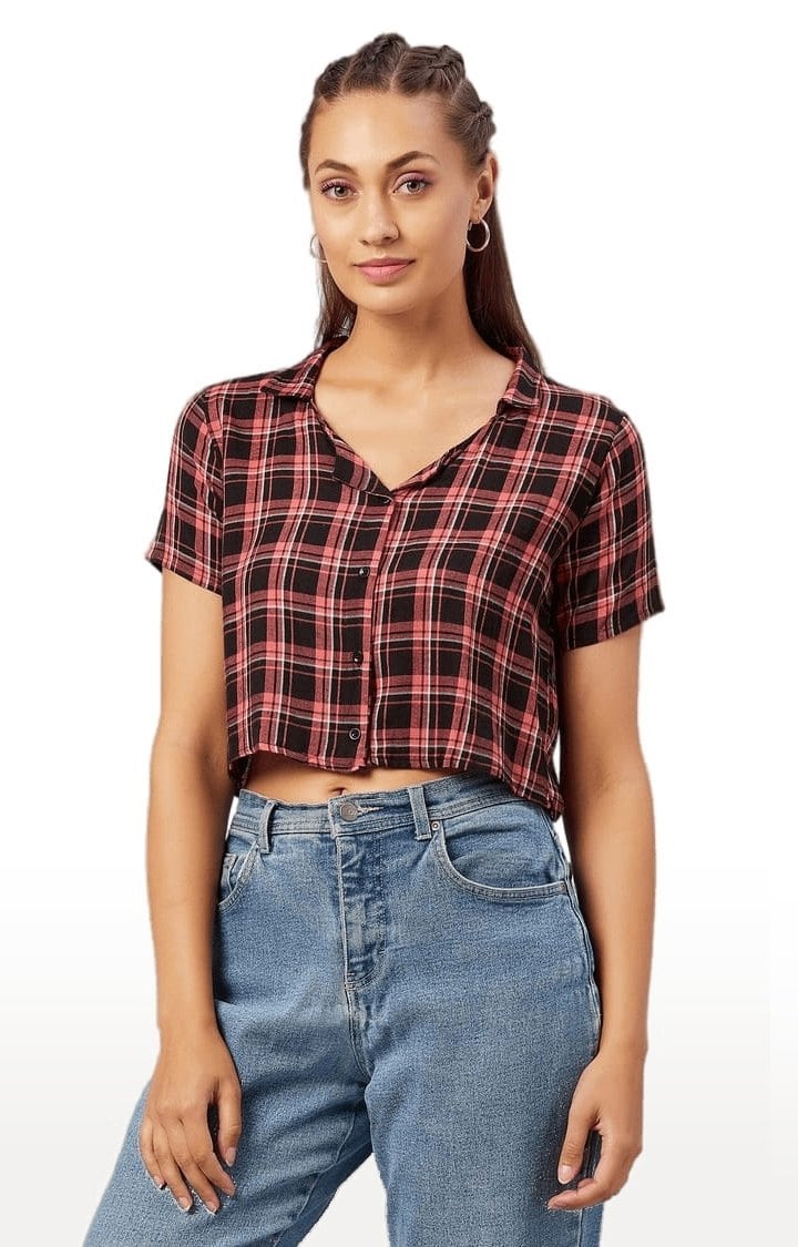 Women's Pink and Black Viscose Checked Crop Shirt