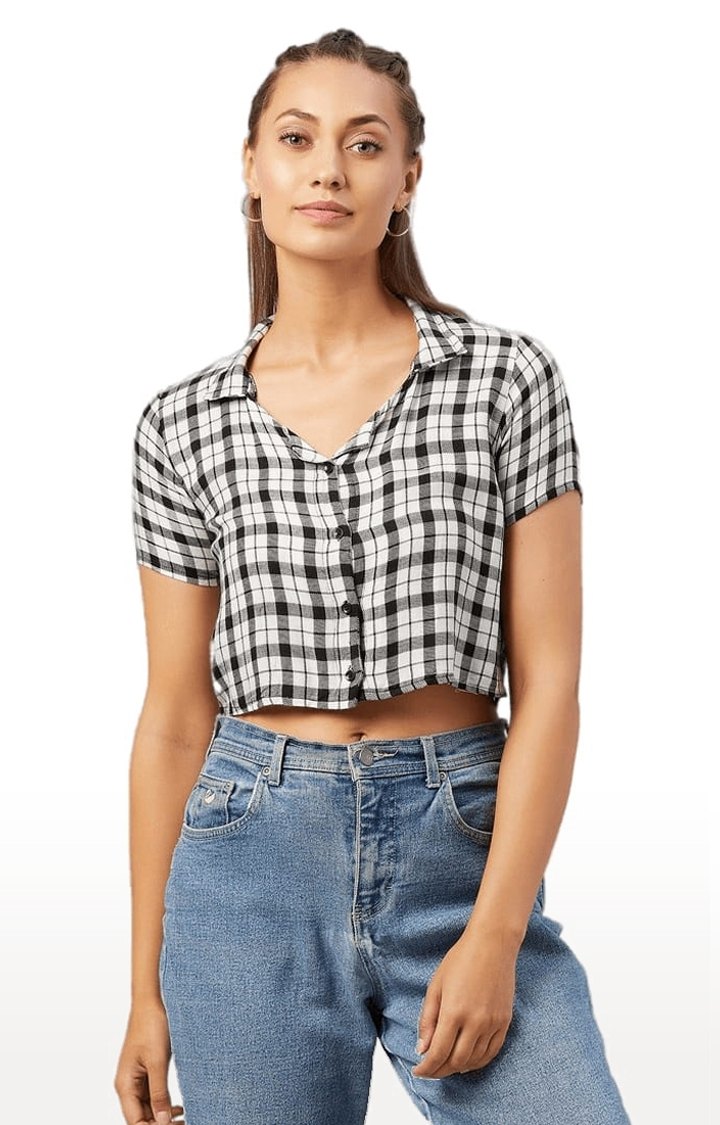 Women's Black and White Viscose Checked Crop Shirt
