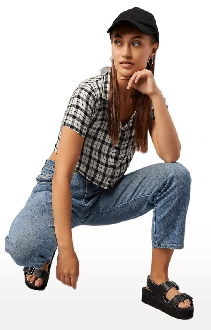 Women's Black and White Viscose Checked Crop Shirt