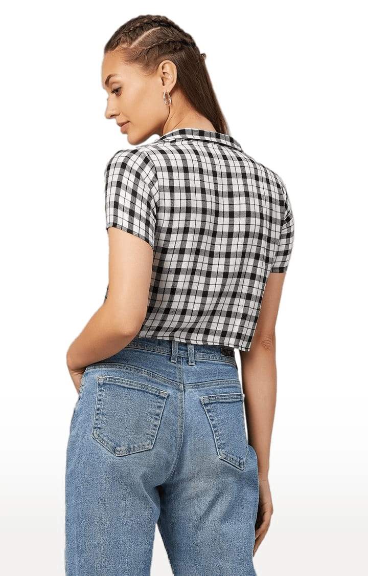 Women's Black and White Viscose Checked Crop Shirt
