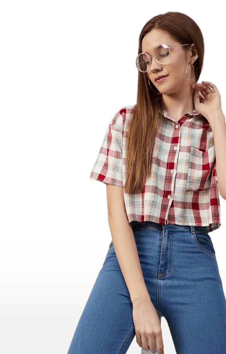 Women's Multicolour Viscose Checked Crop Shirt