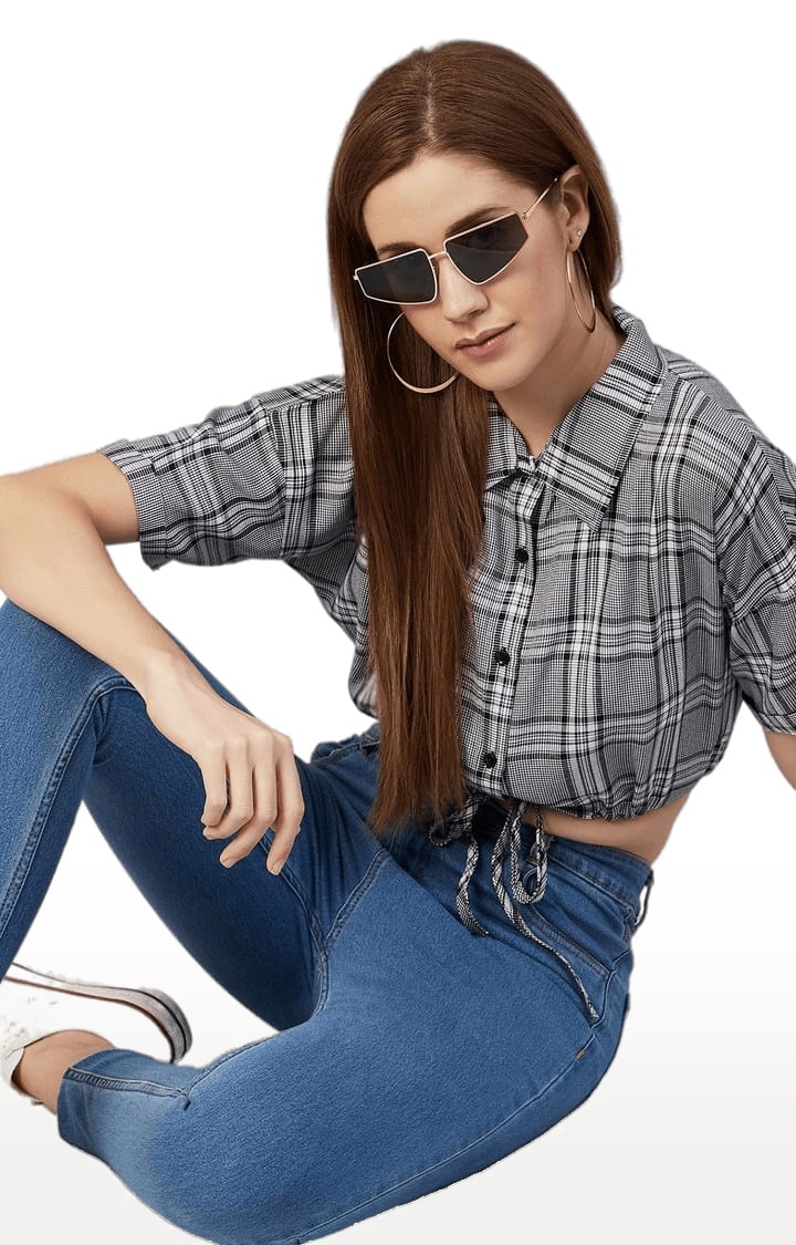 Women's Grey and White Viscose Checked Crop Shirt