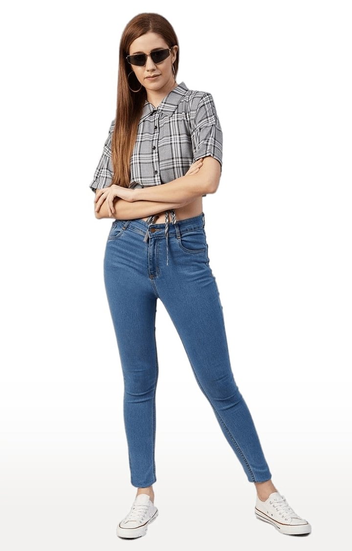 Women's Grey and White Viscose Checked Crop Shirt