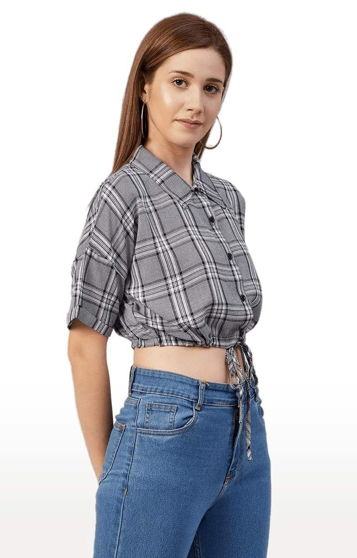 Women's Grey and White Viscose Checked Crop Shirt
