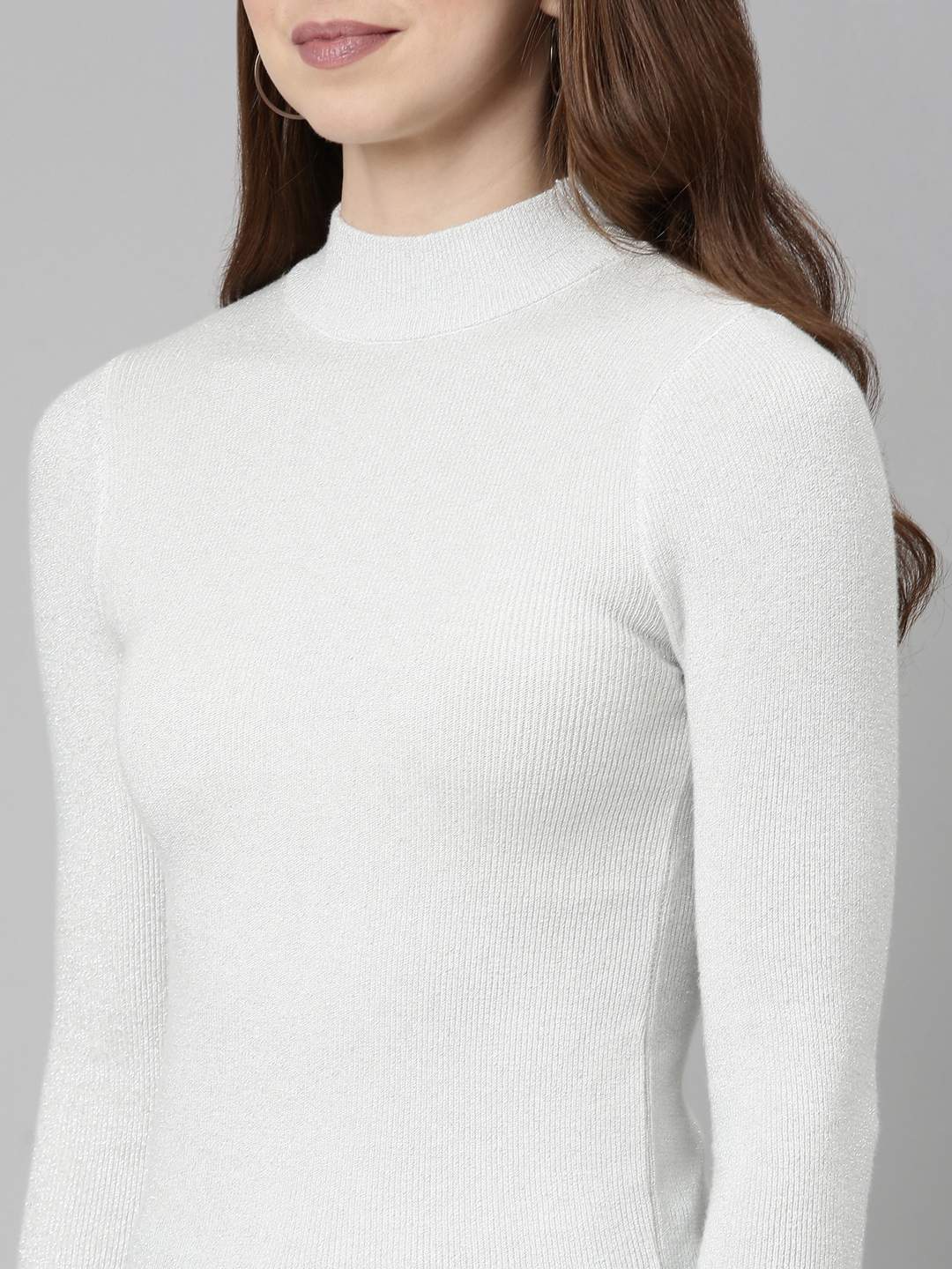 Showoff | SHOWOFF Women's High Neck Embellished Regular Sleeves Fitted White Top 7