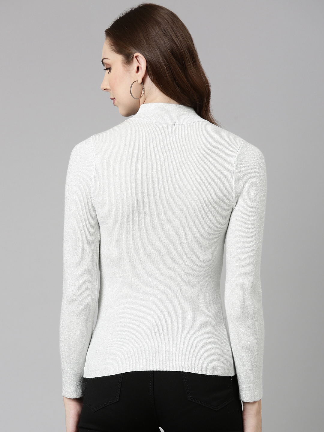 Showoff | SHOWOFF Women's High Neck Embellished Regular Sleeves Fitted White Top 4