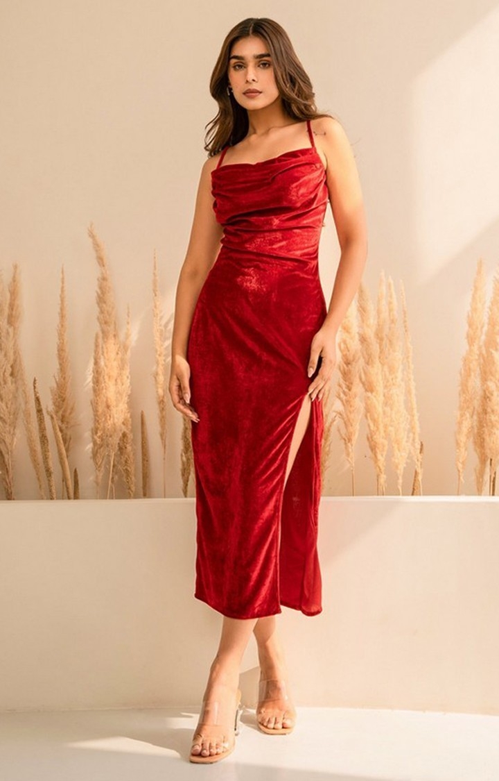 The Clothing Factory | Women's Red Velvet Cowl Neck Dress