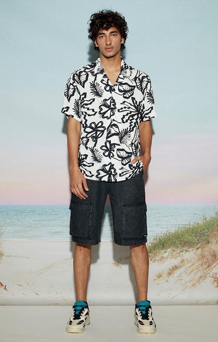 Abstract Floral Print Men's Black Resort Shirt