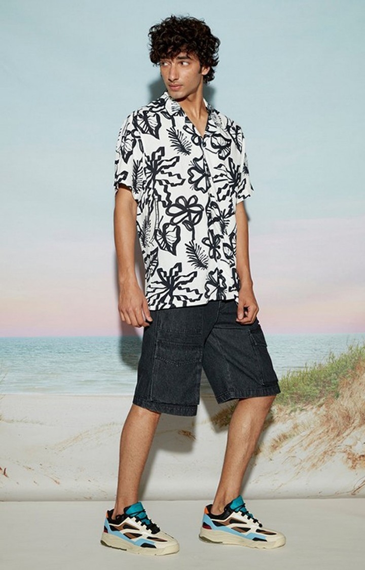 Abstract Floral Print Men's Black Resort Shirt