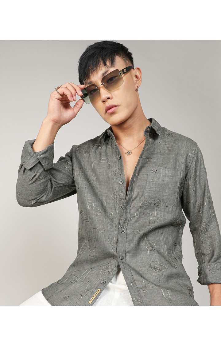 Men's Green Embroidered Casual Shirts