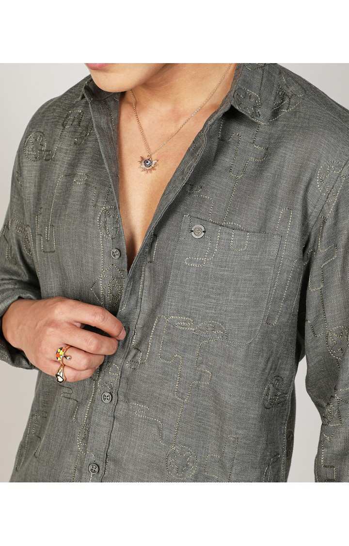 Men's Green Embroidered Casual Shirts