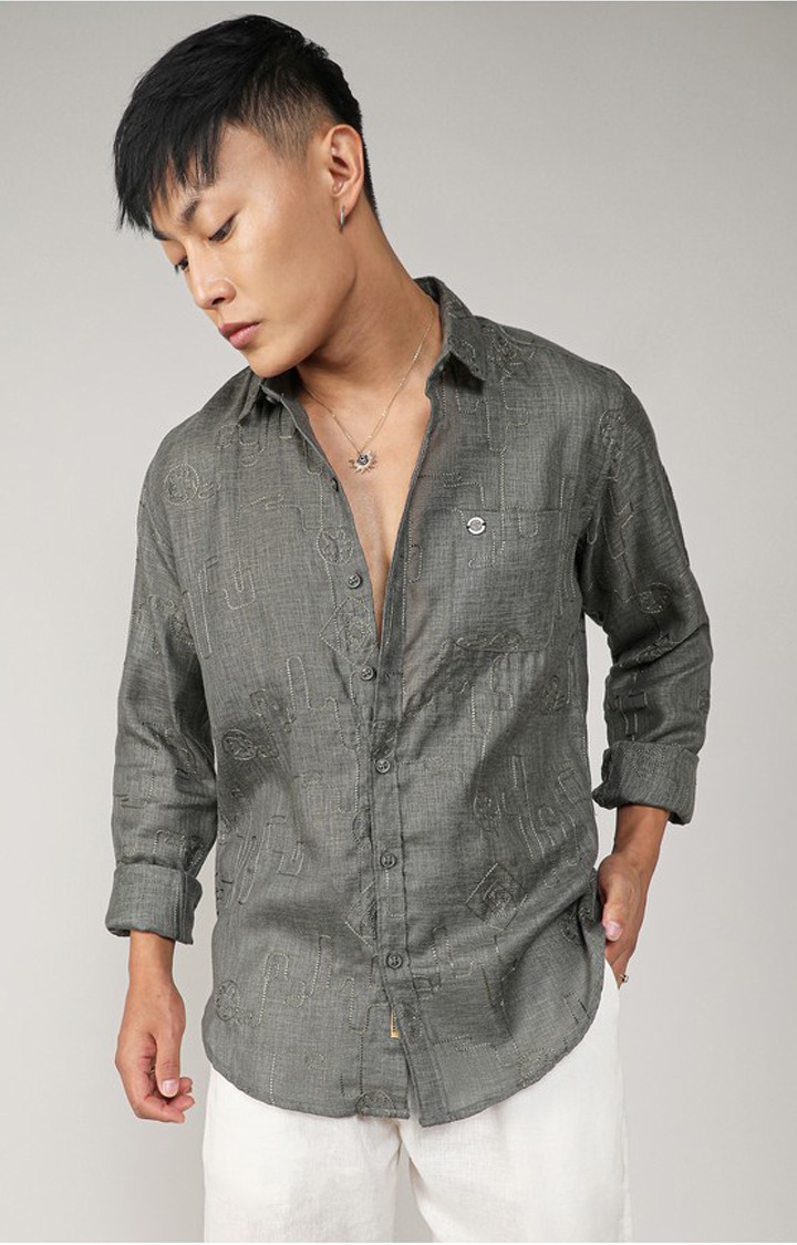 Men's Green Embroidered Casual Shirts