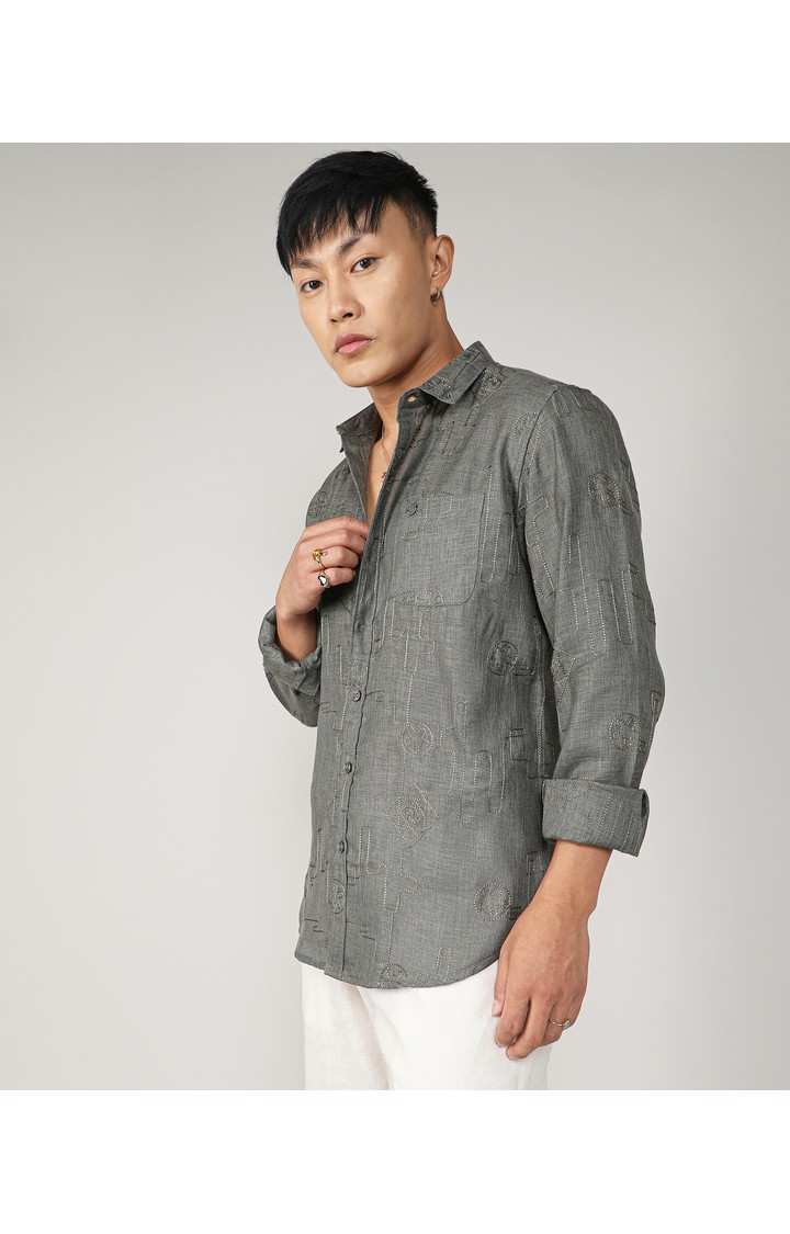 Men's Green Embroidered Casual Shirts