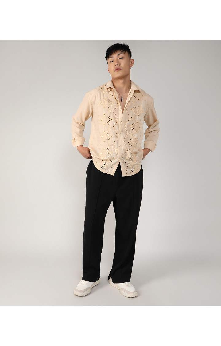 Men's Beige Embroidered Casual Shirts