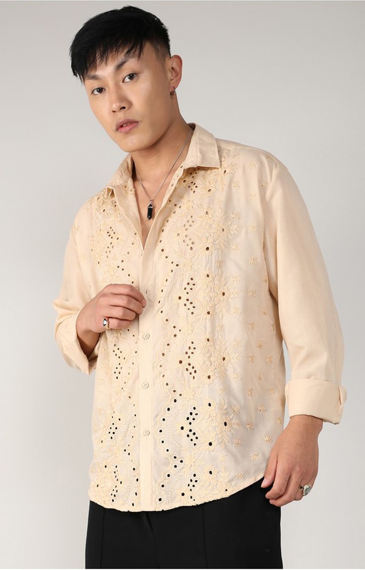 Men's Beige Embroidered Casual Shirts