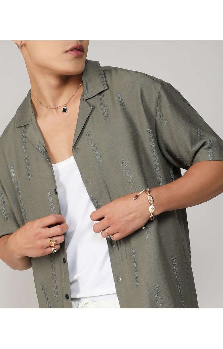 Men's Green Embroidered Casual Shirts