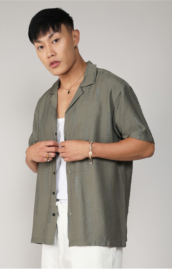 Men's Green Embroidered Casual Shirts