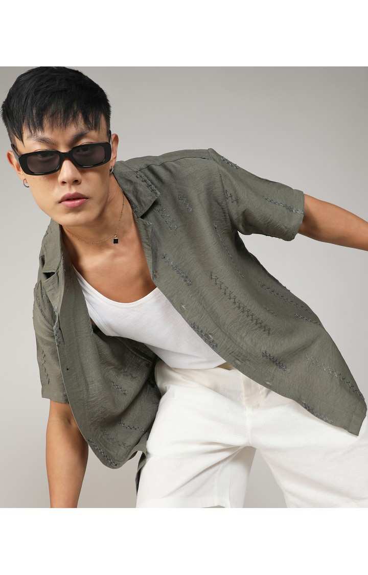 Men's Green Embroidered Casual Shirts