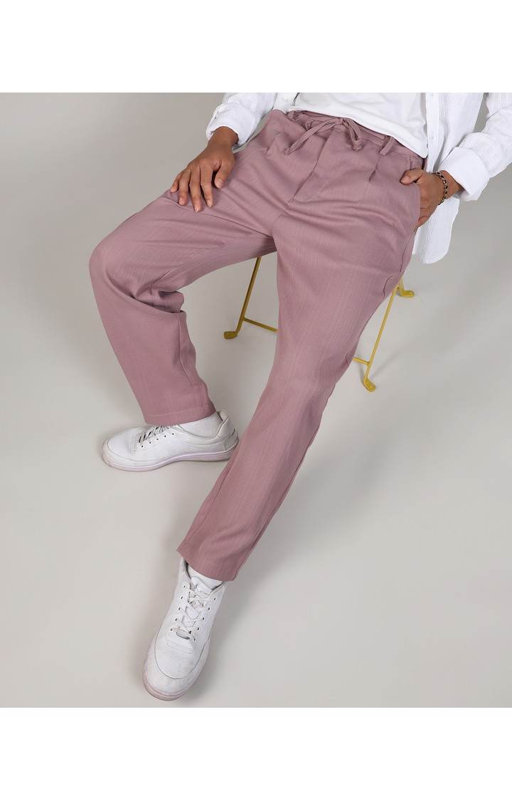 Men's Mauve Pink Solid Polyester Trousers