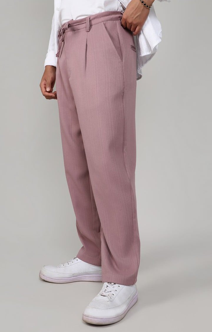 Men's Mauve Pink Solid Polyester Trousers
