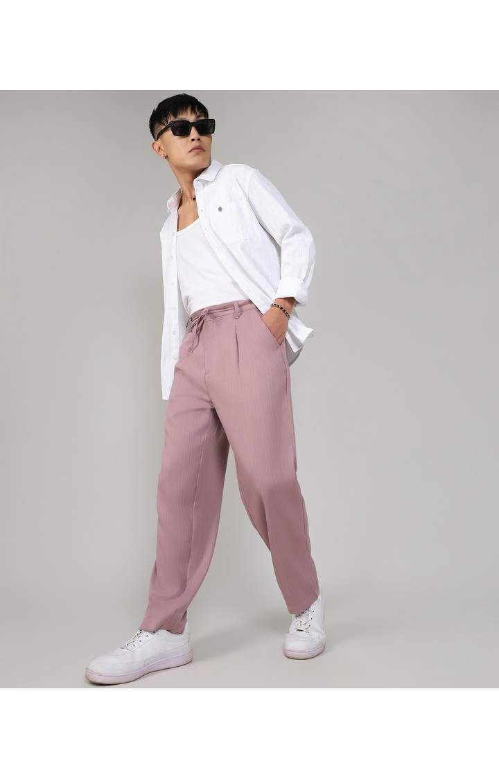 Men's Mauve Pink Solid Polyester Trousers