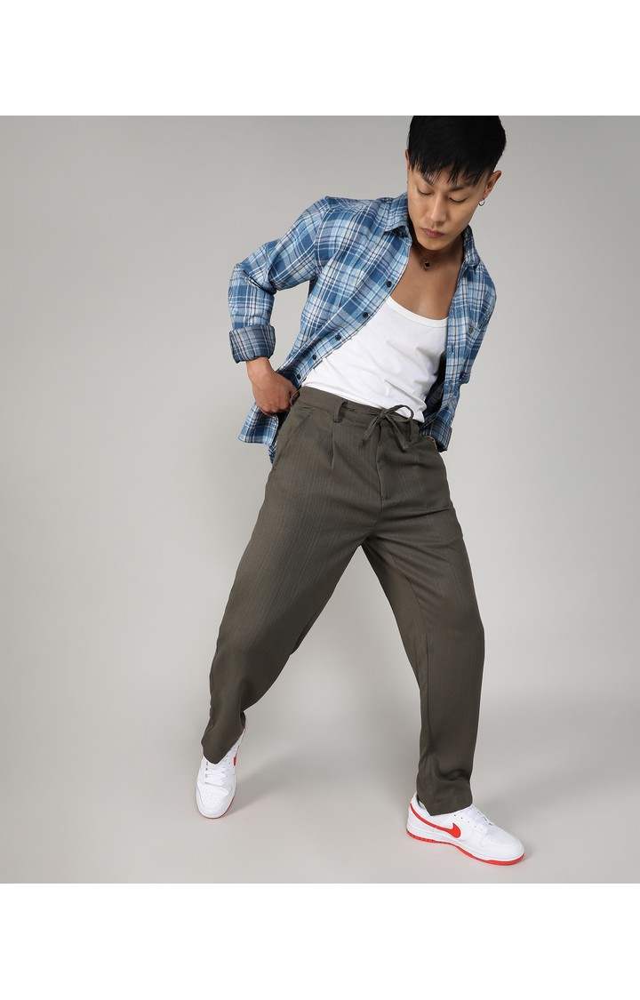 Men's Olive Green Solid Polyester Trousers
