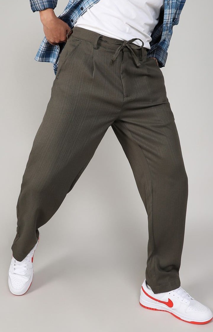 Men's Olive Green Solid Polyester Trousers
