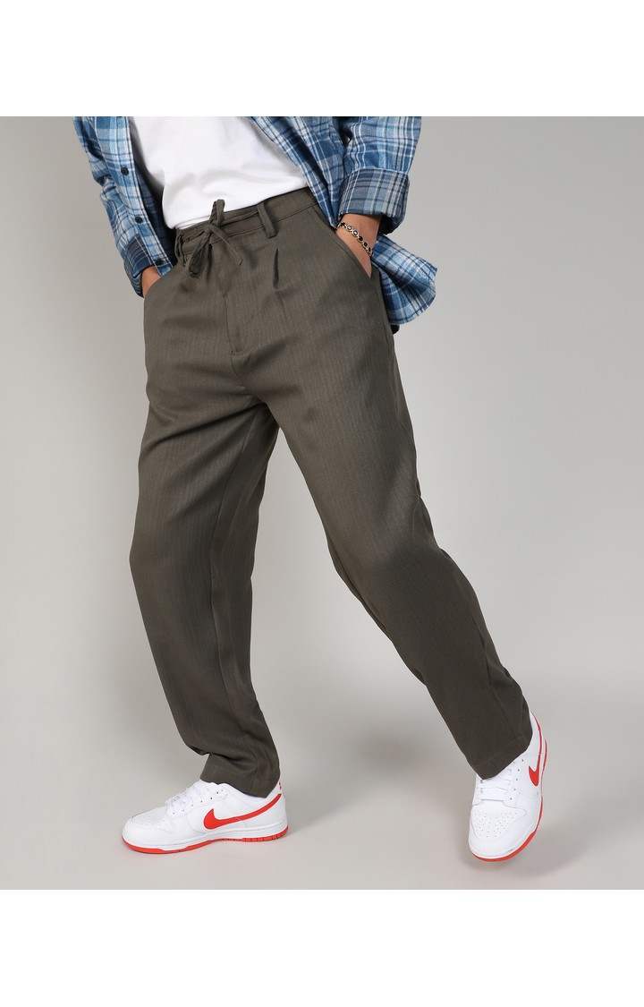 Men's Olive Green Solid Polyester Trousers