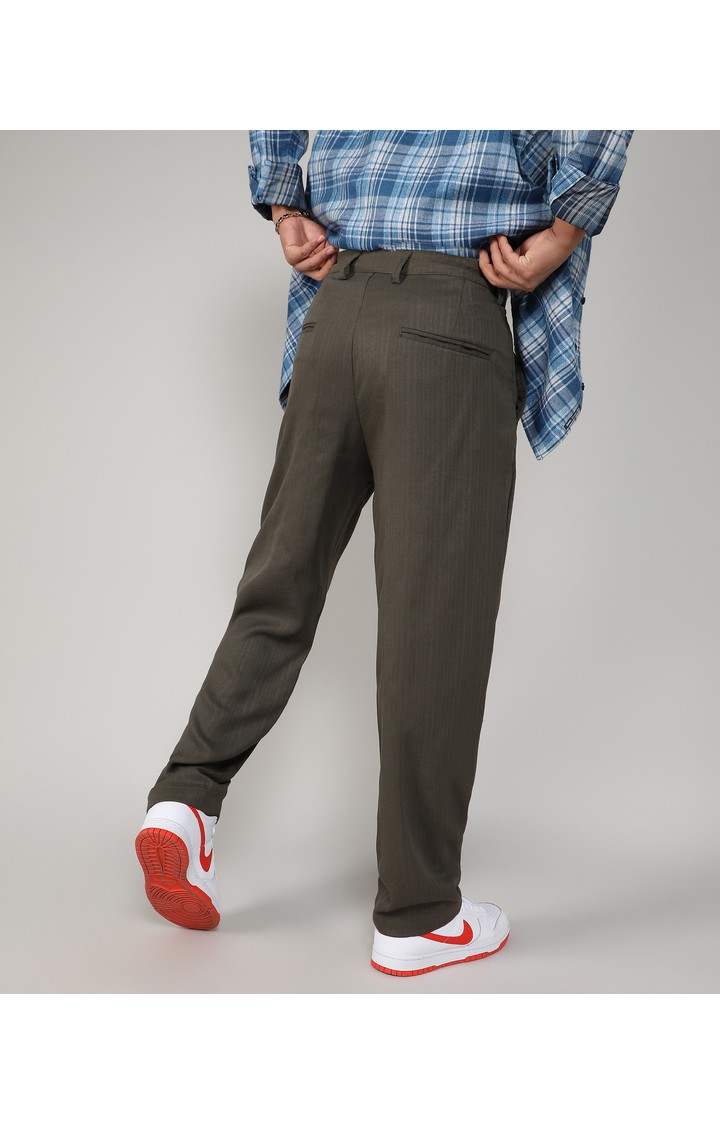 Men's Olive Green Solid Polyester Trousers