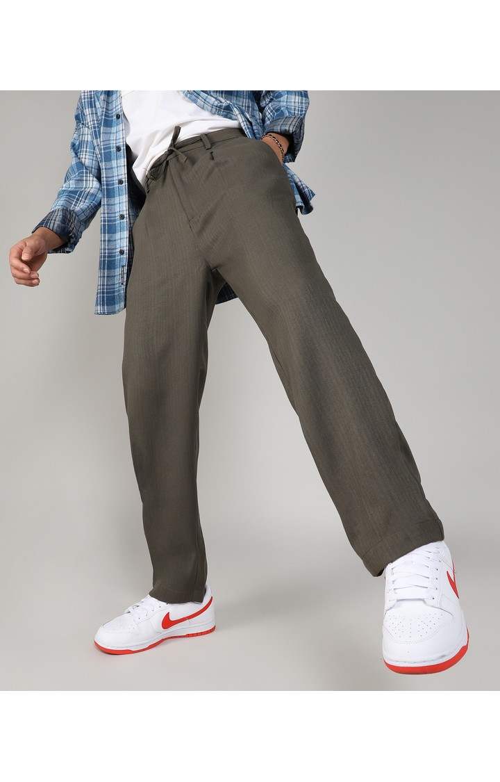 Men's Olive Green Solid Polyester Trousers