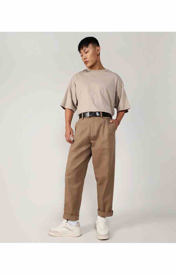Men's Camel Brown Solid Polyester Trousers