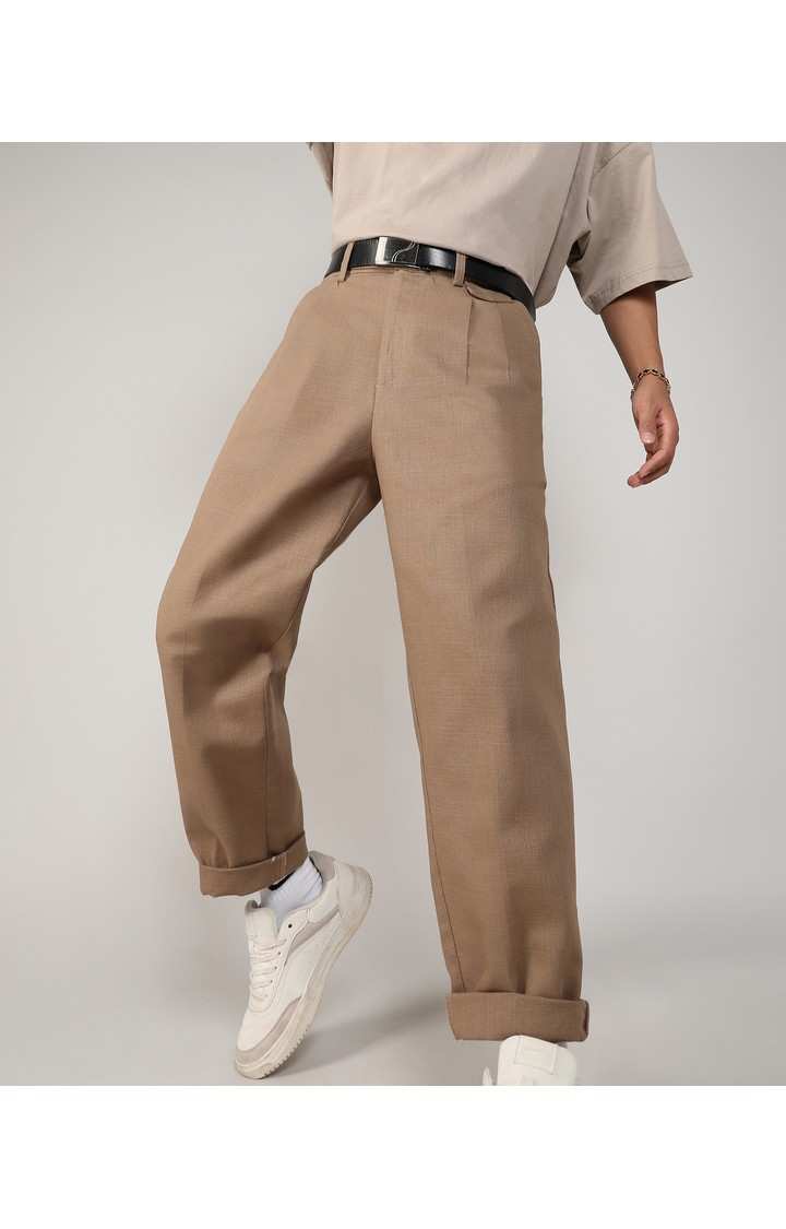 Men's Camel Brown Solid Polyester Trousers