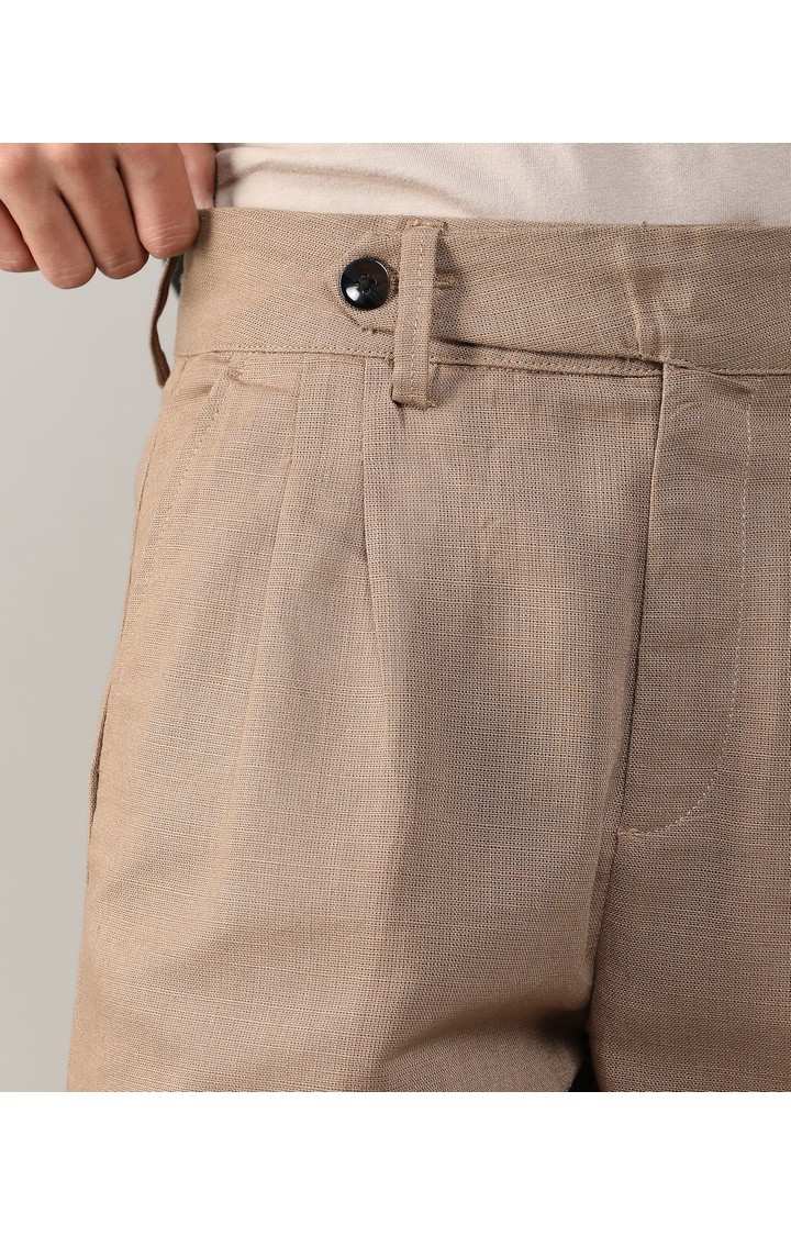 Men's Camel Brown Solid Polyester Trousers