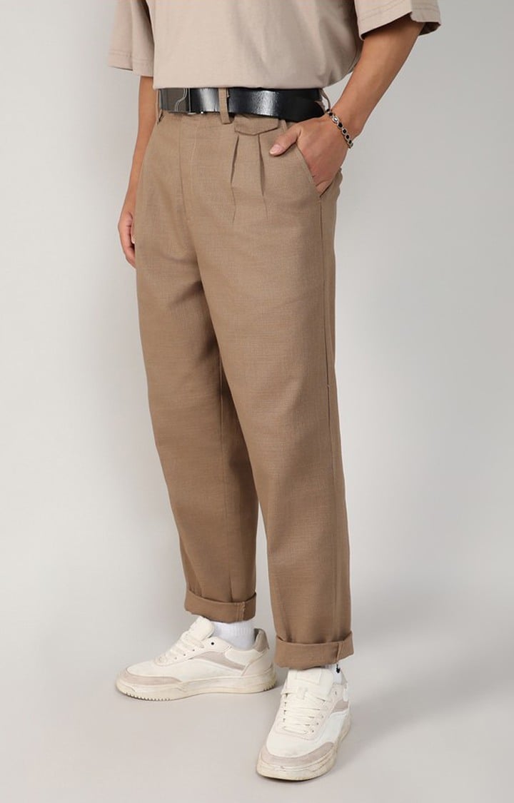 Men's Camel Brown Solid Polyester Trousers