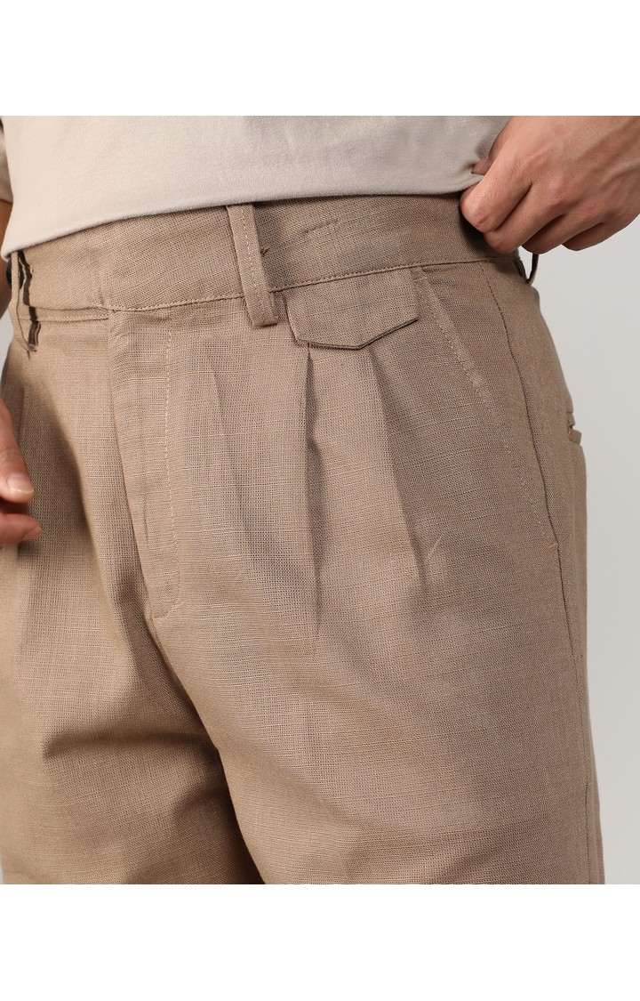 Men's Camel Brown Solid Polyester Trousers