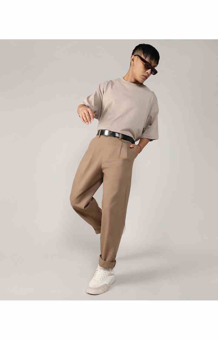 Men's Camel Brown Solid Polyester Trousers