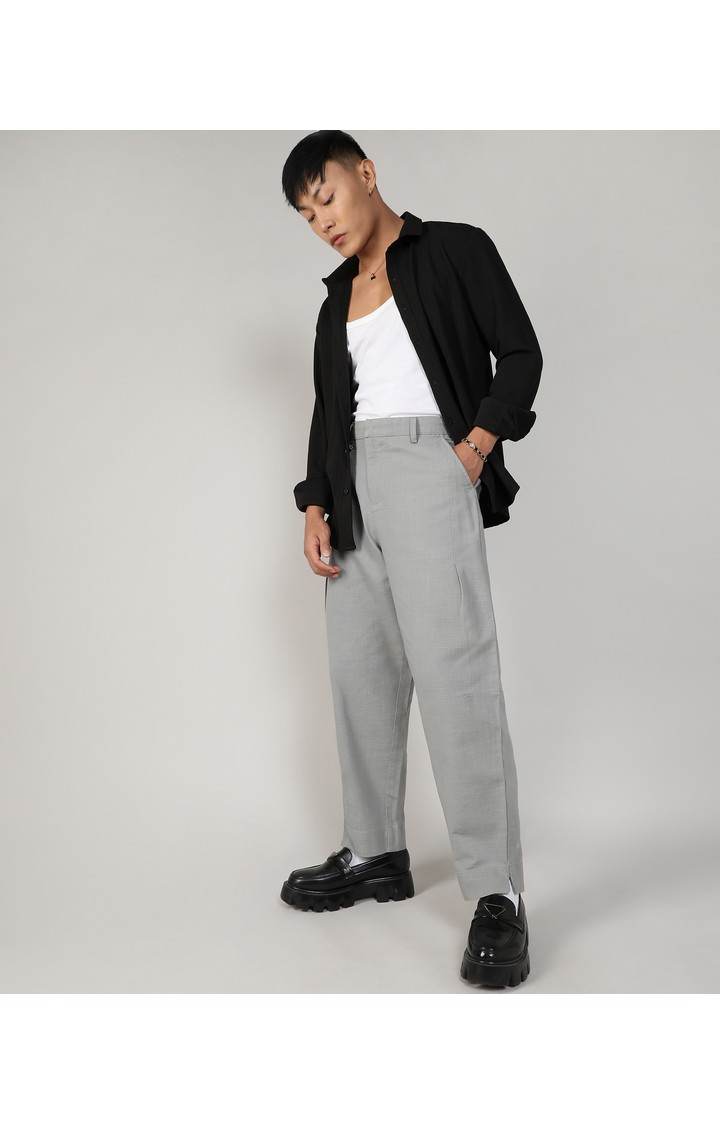 Men's Moon Grey Solid Polyester Trousers