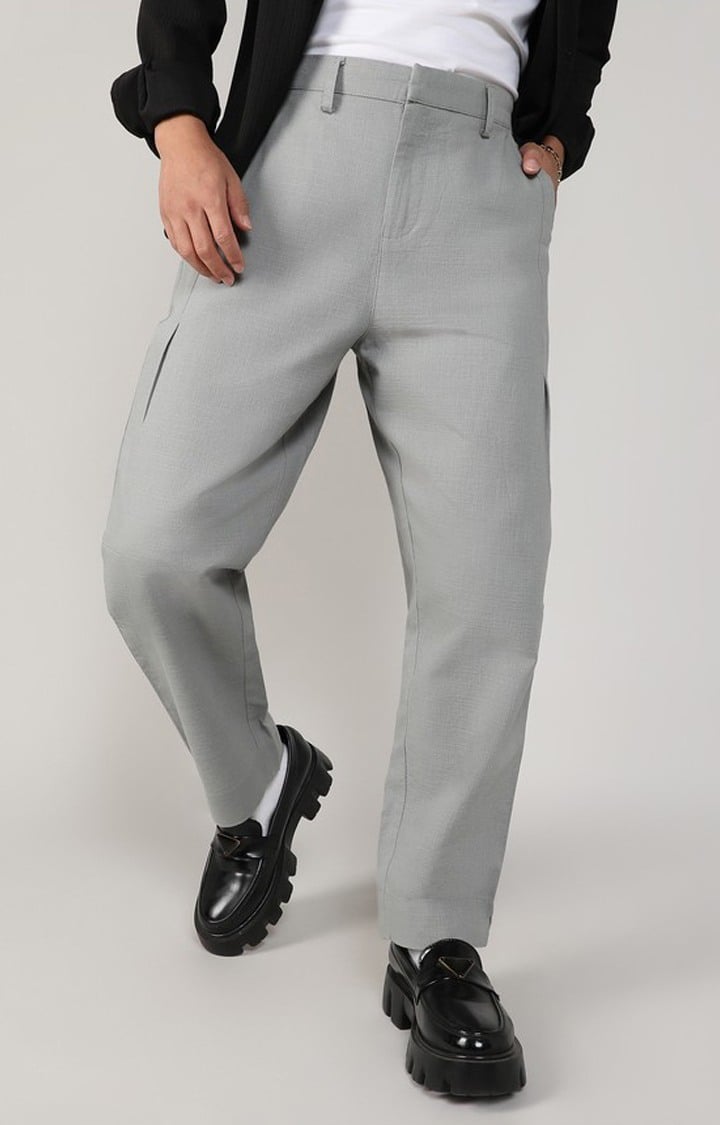 Men's Moon Grey Solid Polyester Trousers