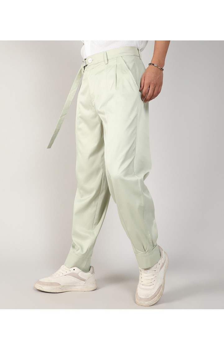 Men's Pale Green Solid Polyester Trousers