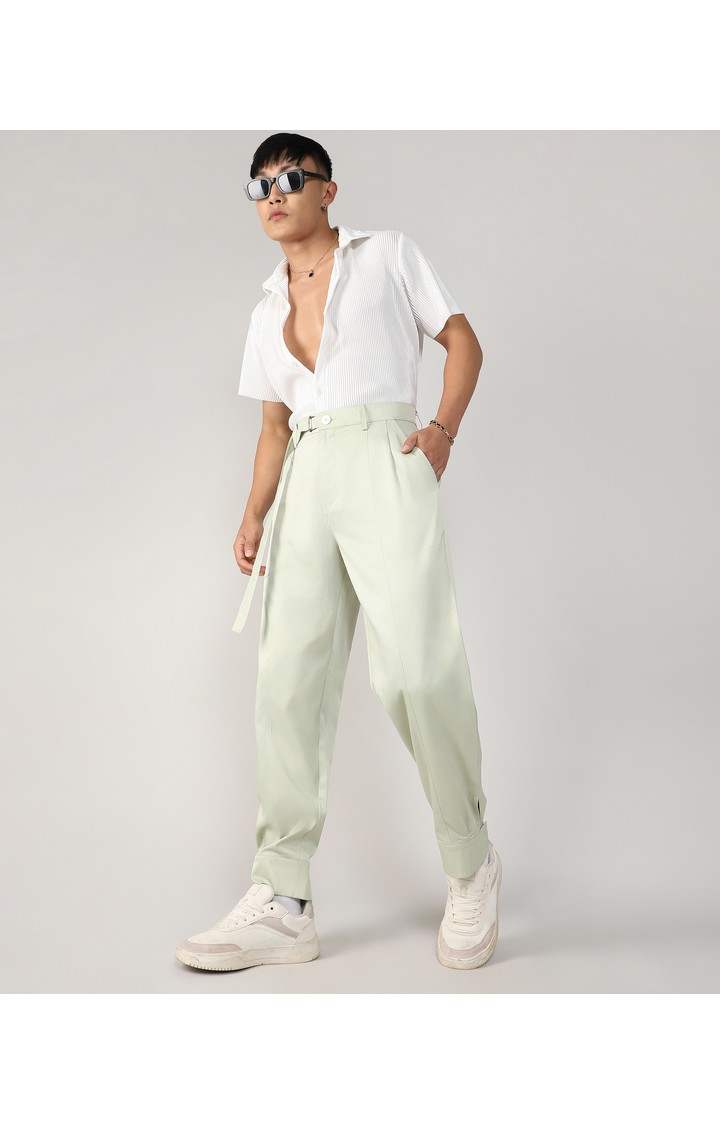 Men's Pale Green Solid Polyester Trousers