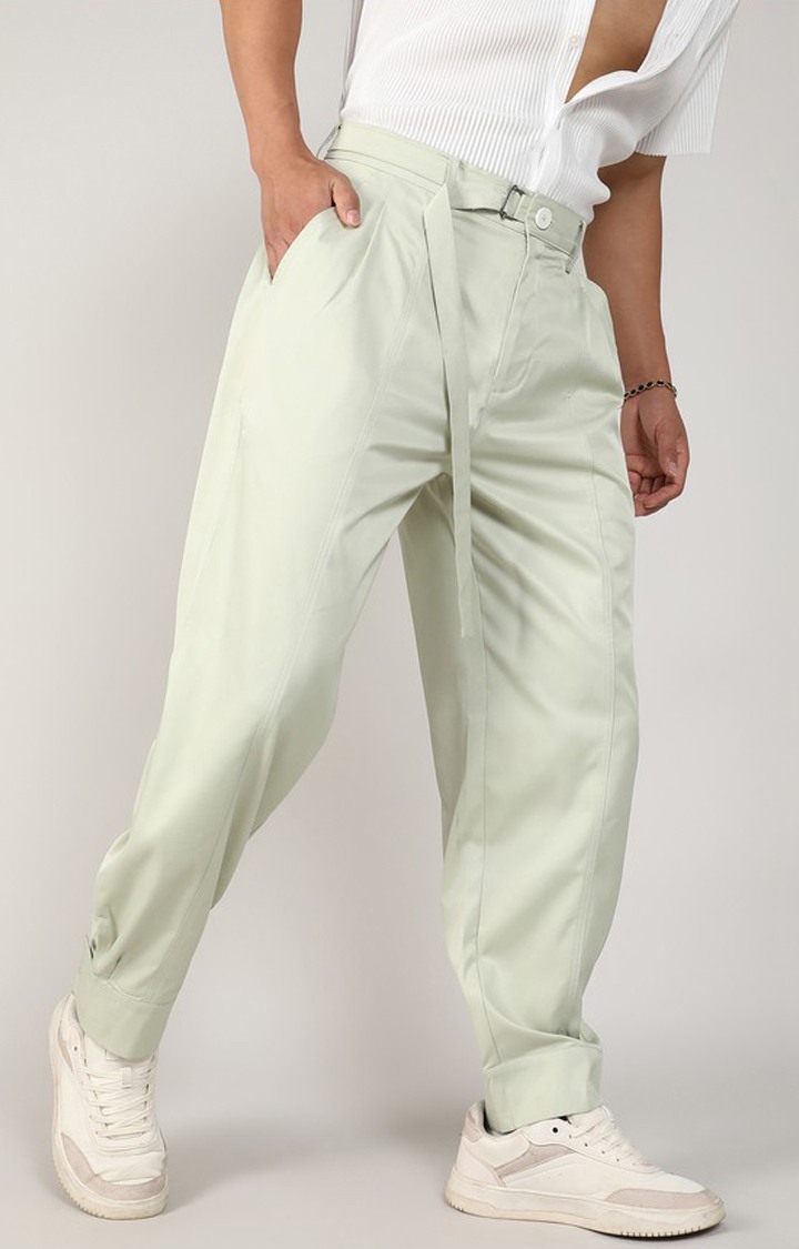 Men's Pale Green Solid Polyester Trousers